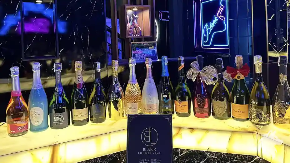 진열된 다양한 샴페인 병들