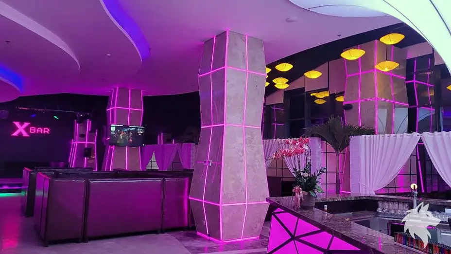 네온 조명이 설치된 실내 홀