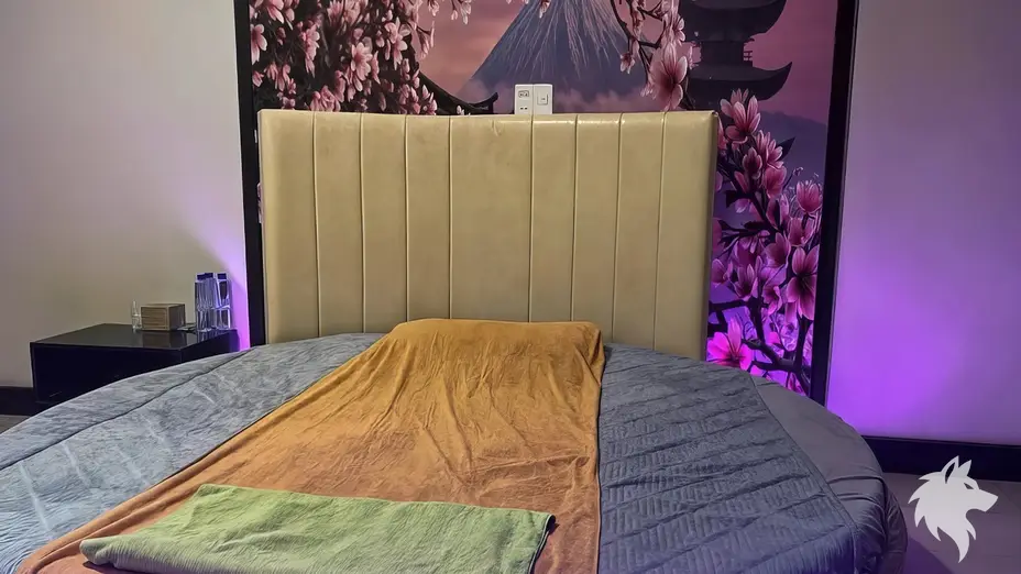 후지산 배경의 원형 침대